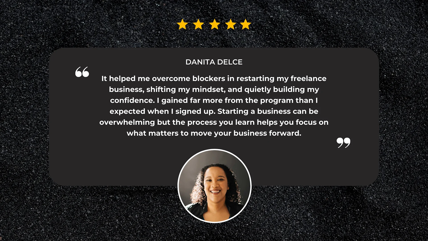 Quote from Danita Delce with a star rating and a circular portrait of a woman on a dark background