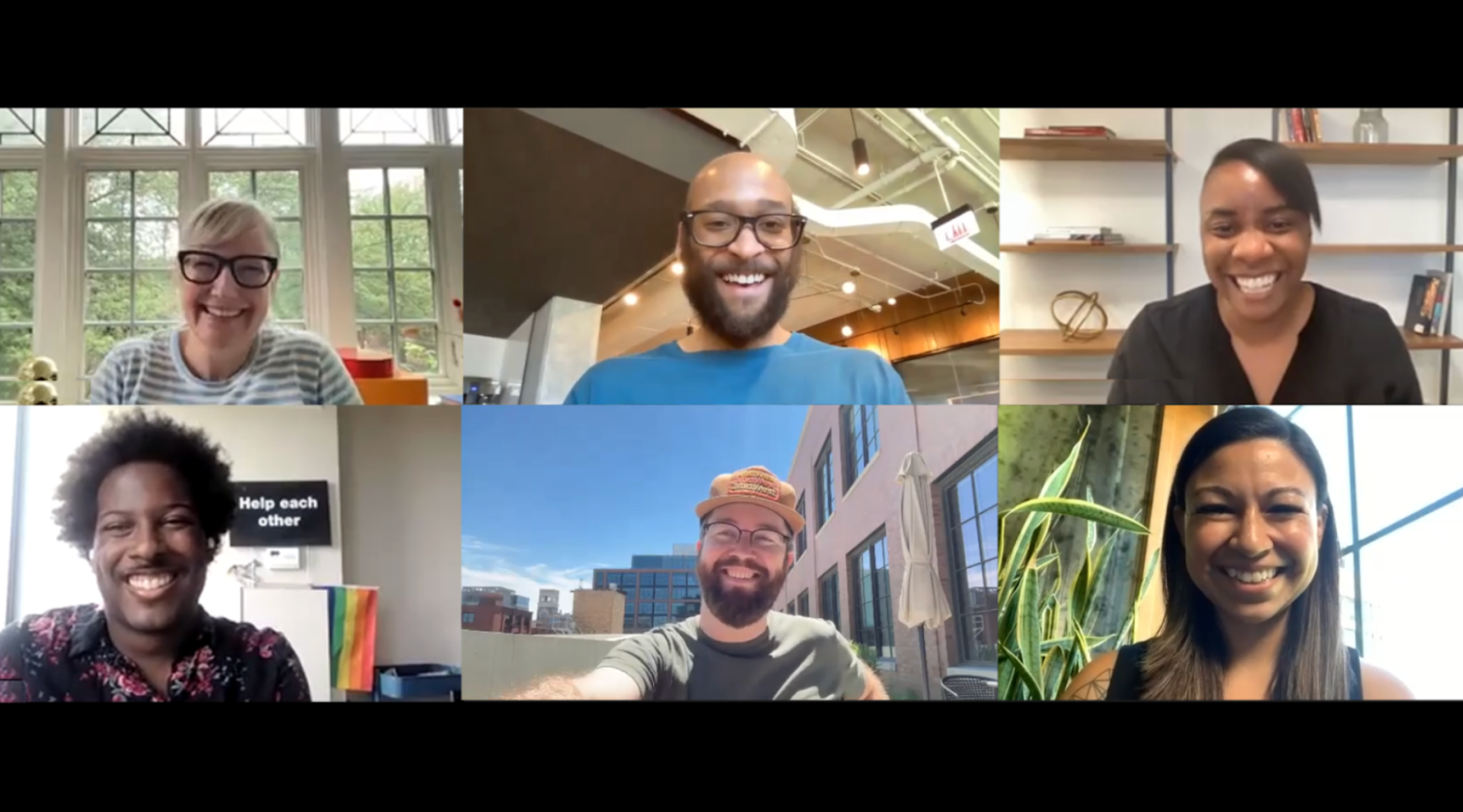 Collage of six people in a video call with various backgrounds