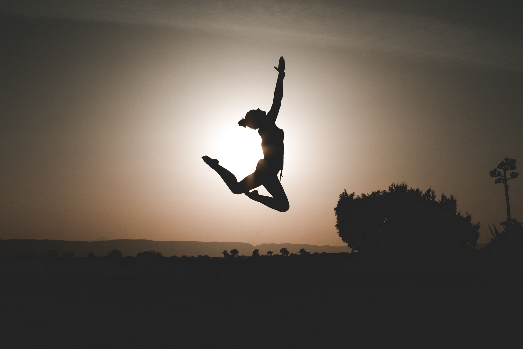 A silhouetted figure captured mid-leap against a glowing sunset, one arm reaching skyward and legs bent behind them, with trees, palms, and distant hills lining the horizon.