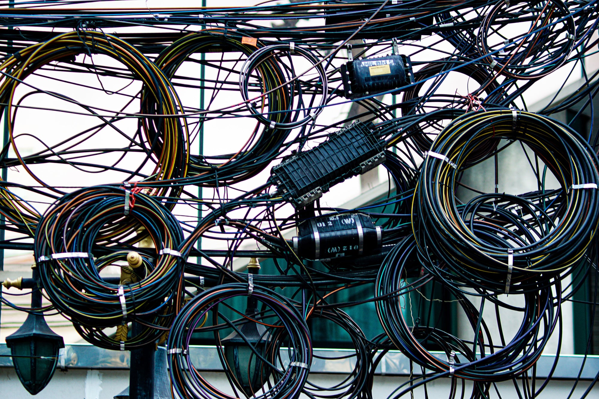 A dense tangle of bundled cables and wires.