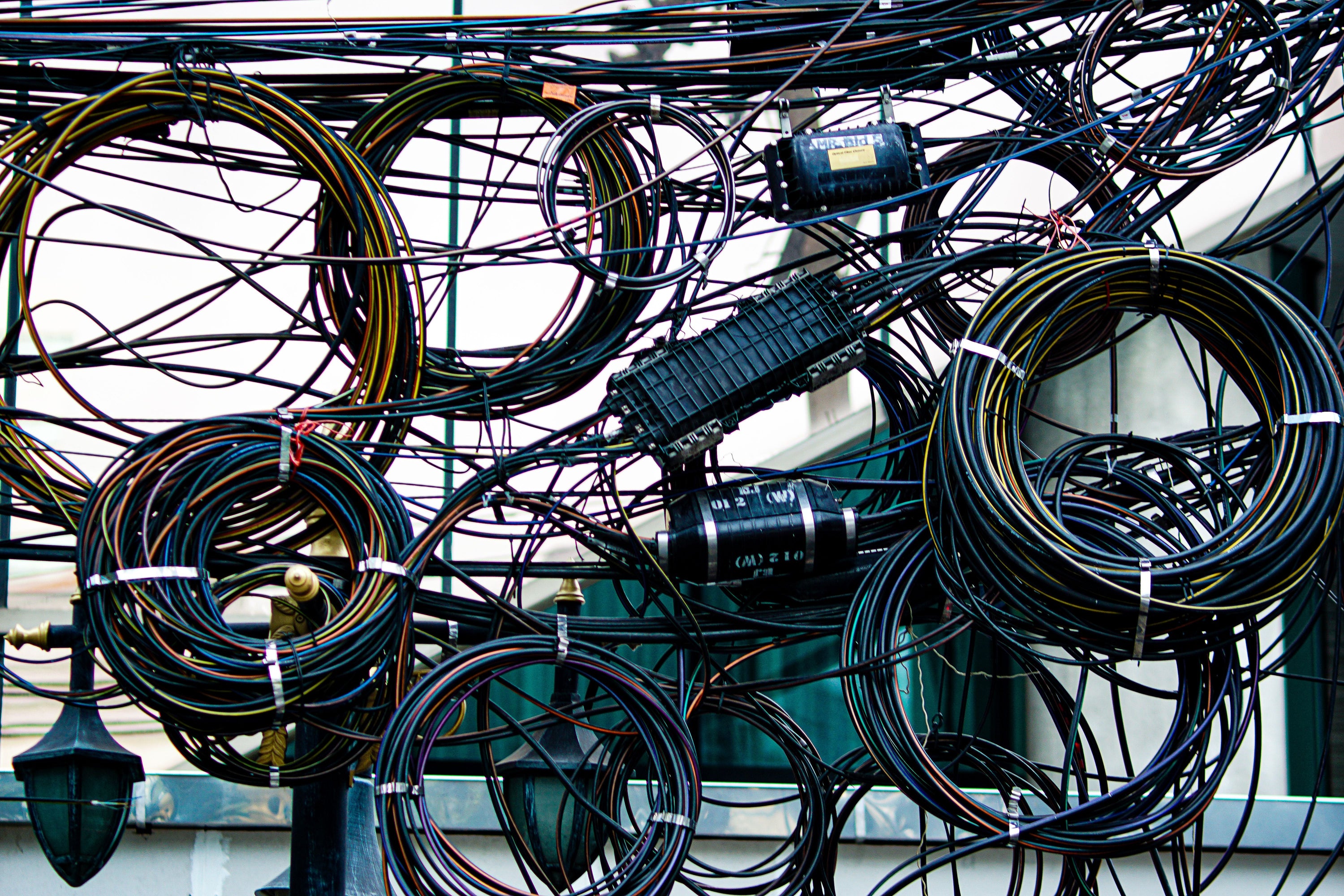 A dense tangle of bundled cables and wires.
