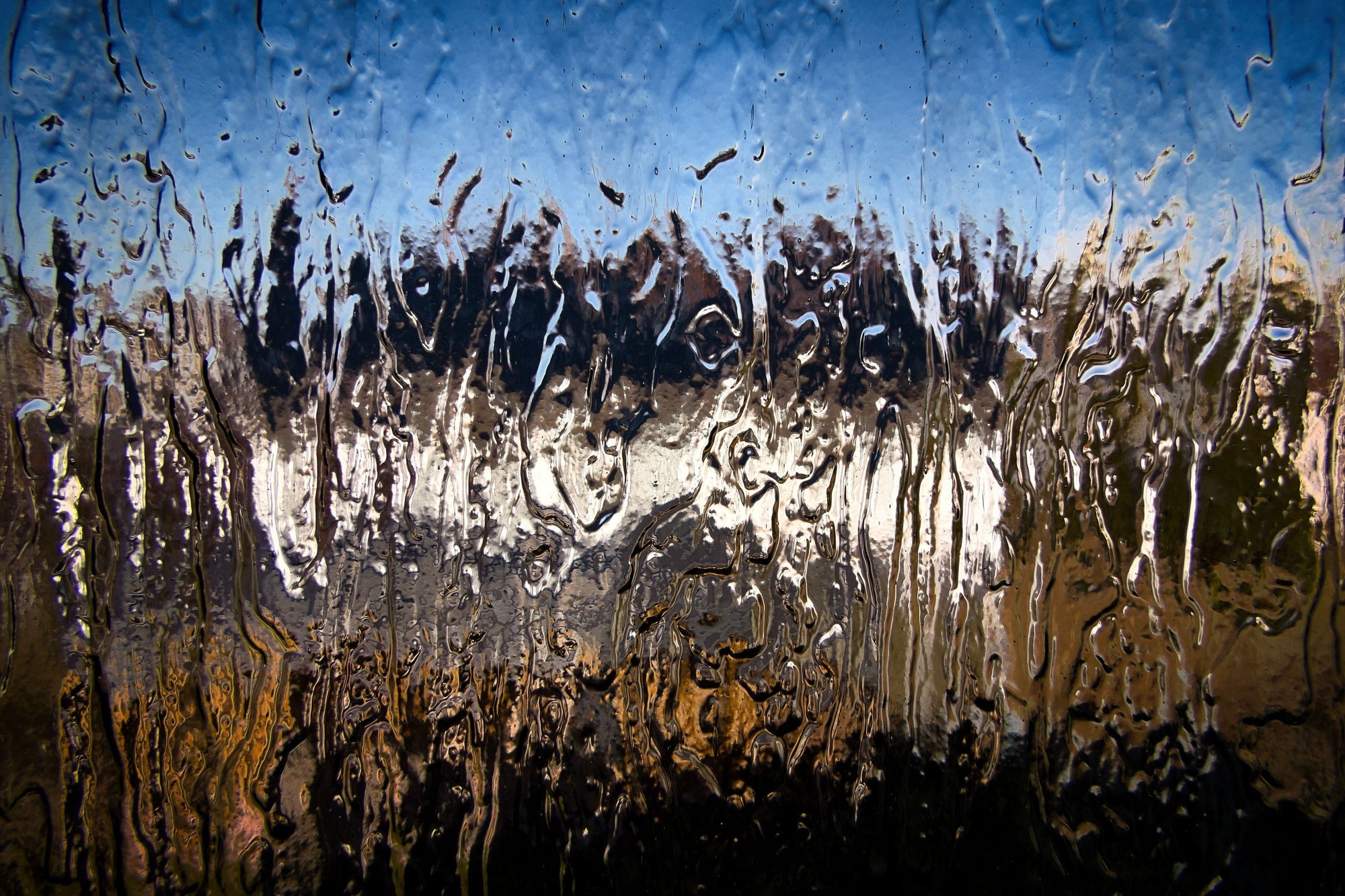 A distorted outdoor scene viewed through textured glass.