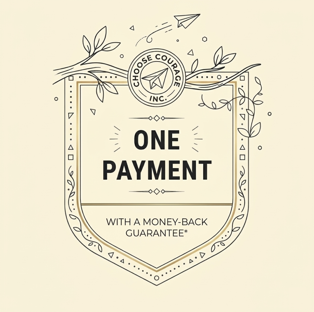 Decorative badge with leaves and a paper airplane logo reading “One Payment” with a note about a money-back guarantee.