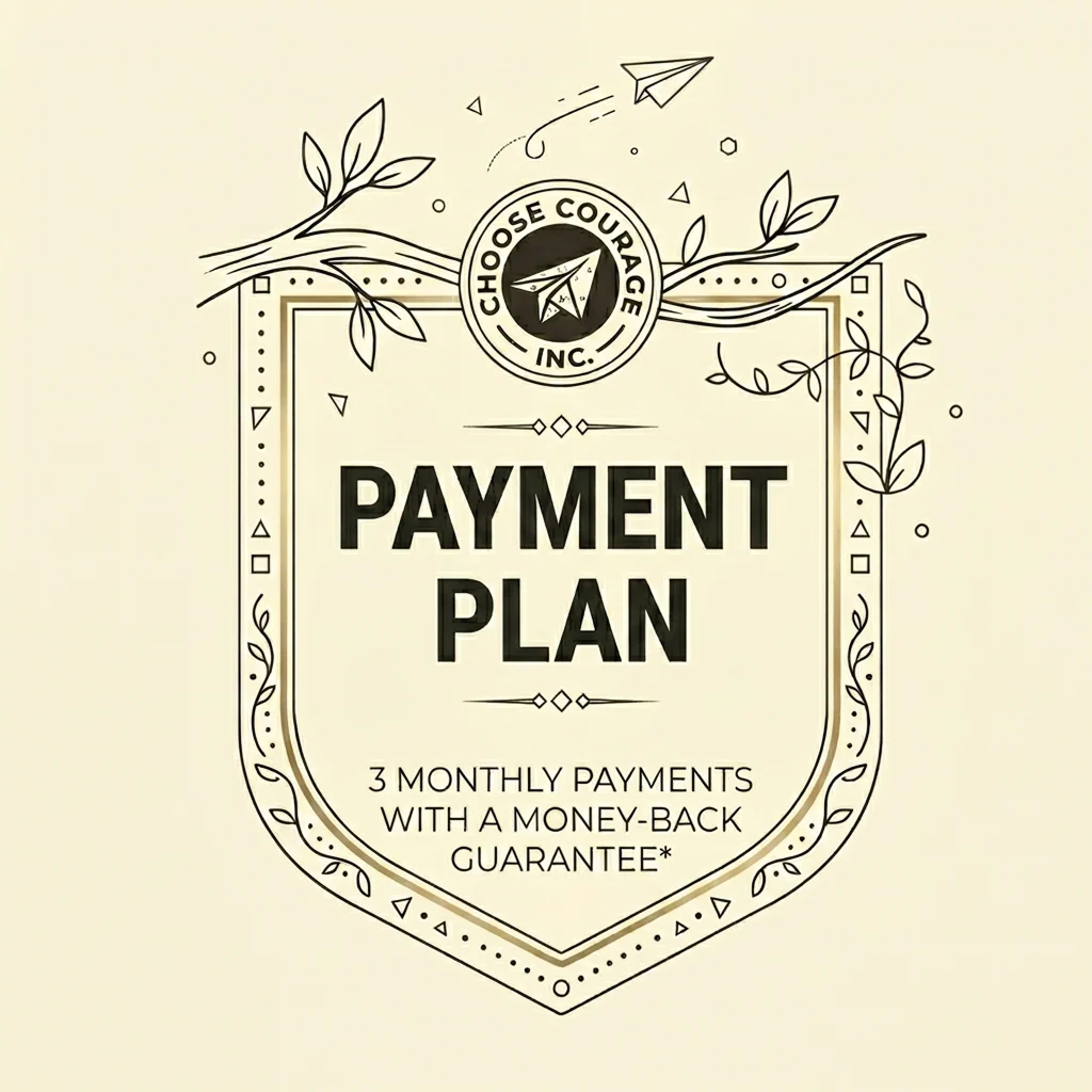 Matching badge design reading “Payment Plan” with text indicating three monthly payments and a money-back guarantee.