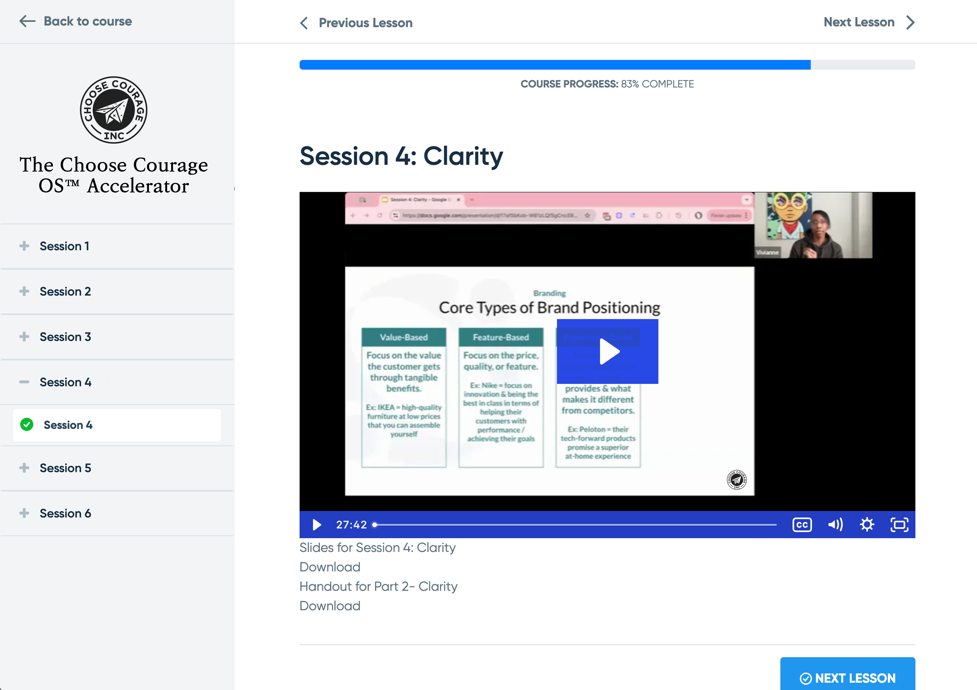 Screen capture of a training course interface with 'Session 4: Clarity' on a computer screen.