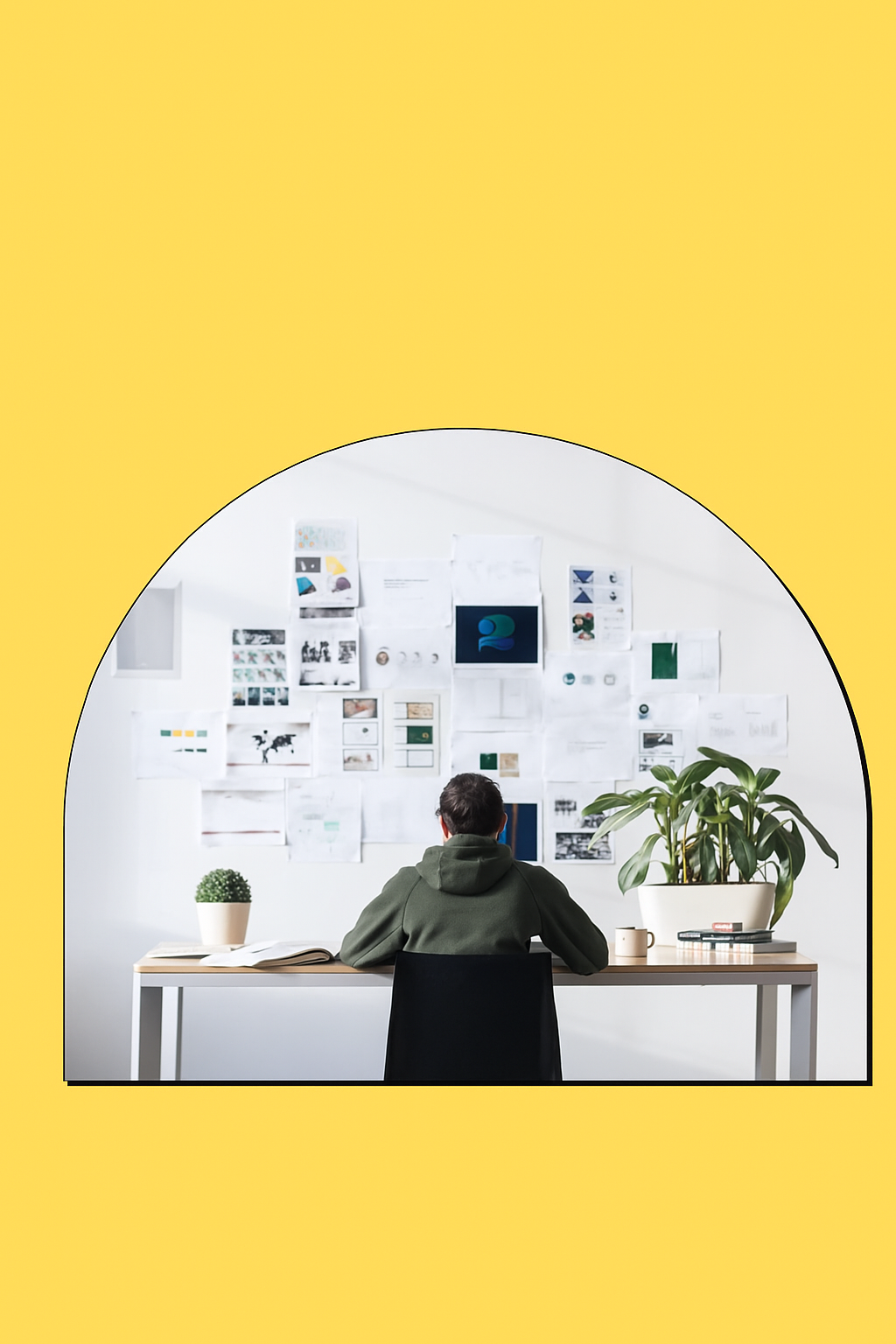 A person wearing a green hoodie sits at a desk covered with books, a mug, and plants, facing a wall filled with design sketches and notes. The scene is framed by a rounded arch on a yellow background.