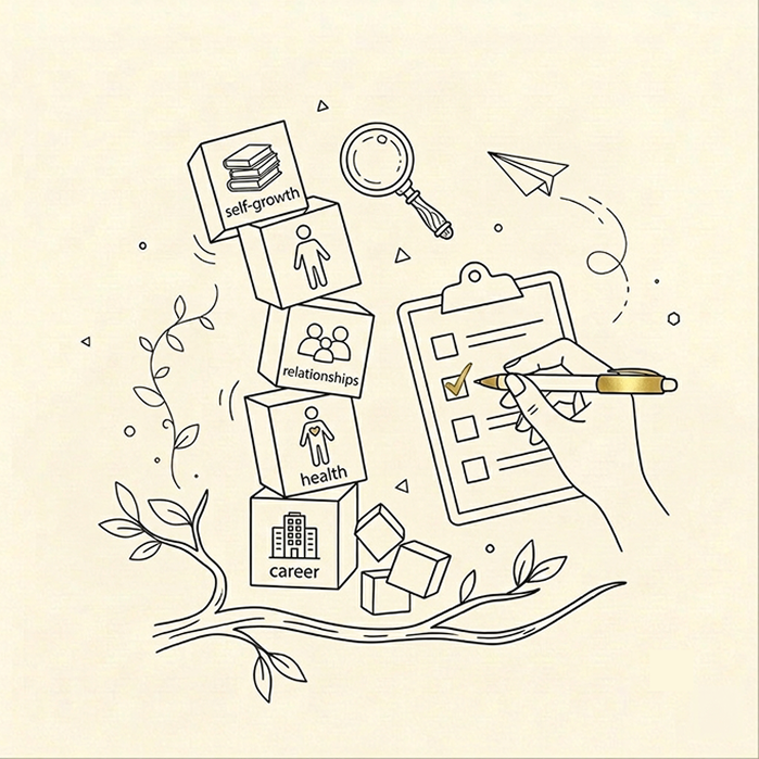 A minimalist line-art illustration on a warm cream background showing career and self-development themes: stacked boxes labeled self-growth, relationships, health, and career, a magnifying glass, a paper airplane, and a hand holding a pen next to a clipboard with a checked box.