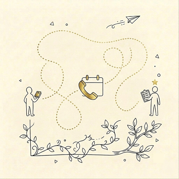 A minimalist beige illustration with dotted and outlined line drawings: a calendar icon in the center, a paper airplane near the top, small human figures holding a phone and a clipboard, and leafy vines along the bottom border.