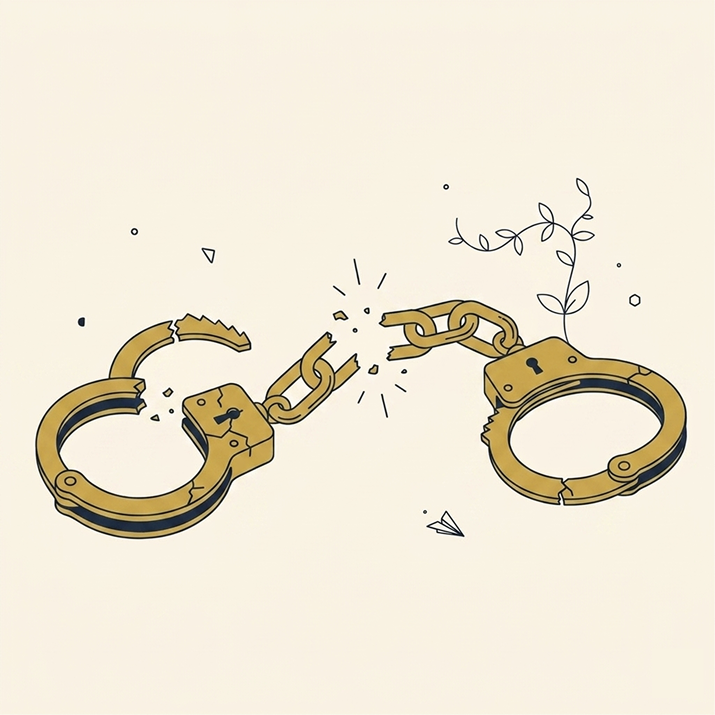 Line illustration of a pair of golden handcuffs broken apart at the chain, with a small leafy vine sprouting upward from the broken link and a tiny paper airplane below, set against a cream background.