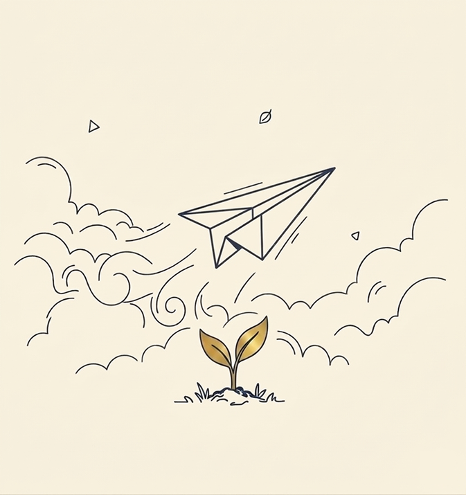 Line illustration of a paper airplane flying through stylized clouds and wind swirls above a small golden seedling sprouting from the ground, on a cream background.