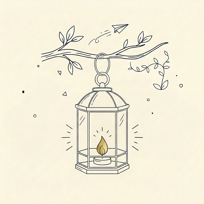 A line-drawn lantern with a glowing golden flame hangs from a hook on a leafy tree branch, with a small paper airplane flying overhead against a cream background.