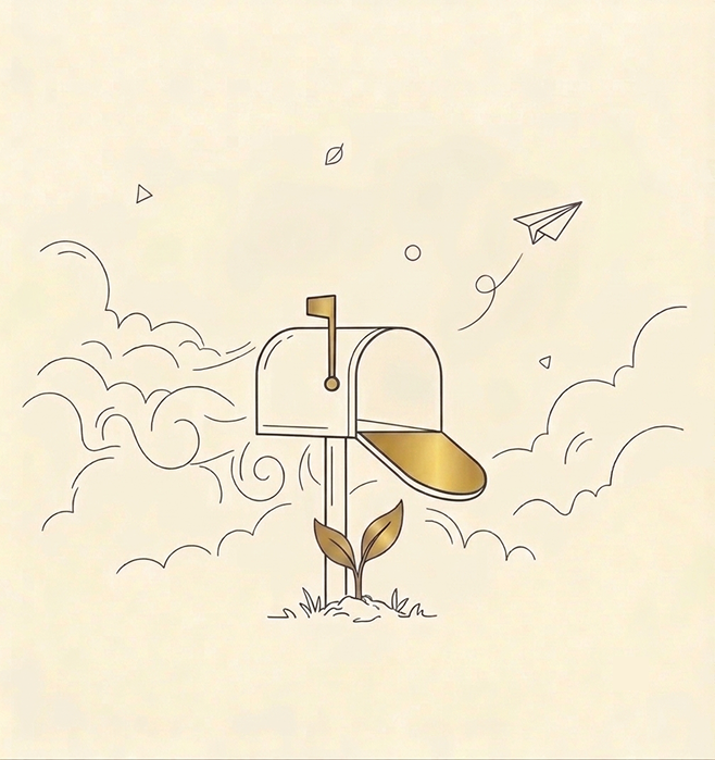 Line illustration of an open mailbox on a post with its gold flag raised and gold door open, a small sprouting seedling growing at its base, and a paper airplane flying past through stylized clouds and wind swirls, on a cream background.