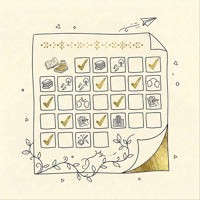 A decorative checklist illustration on a cream background, featuring a large sheet with a grid of boxes, several checked squares, small icons like books, flowers, and buildings, and gold leaf accents.