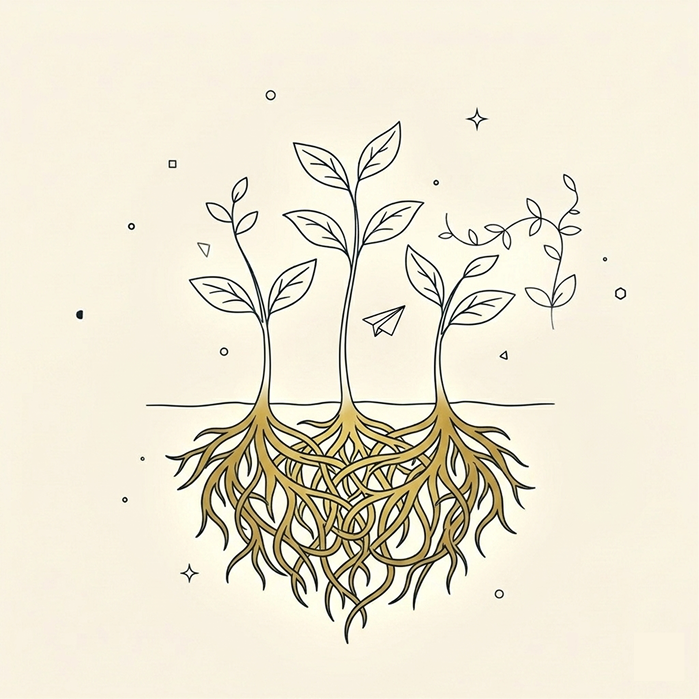 Line illustration of three sprouting plants with leaves above ground and an extensive interconnected golden root system below the soil line, with a small paper airplane among them, on a cream background.