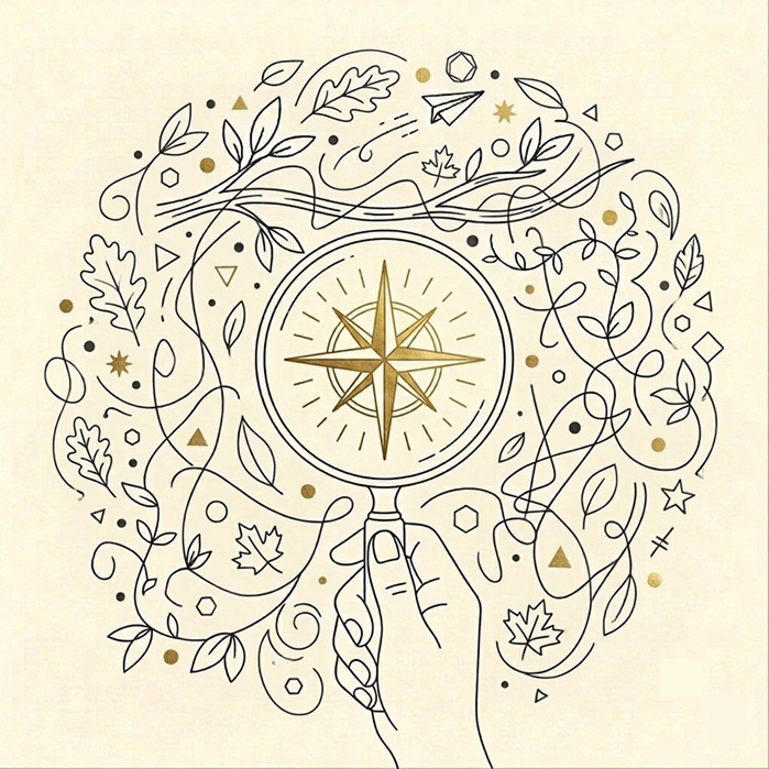 A circular line-art illustration on a warm cream background, featuring a hand holding a magnifying glass with a gold compass rose inside. The design is surrounded by delicate botanical and abstract line motifs in black and gold.