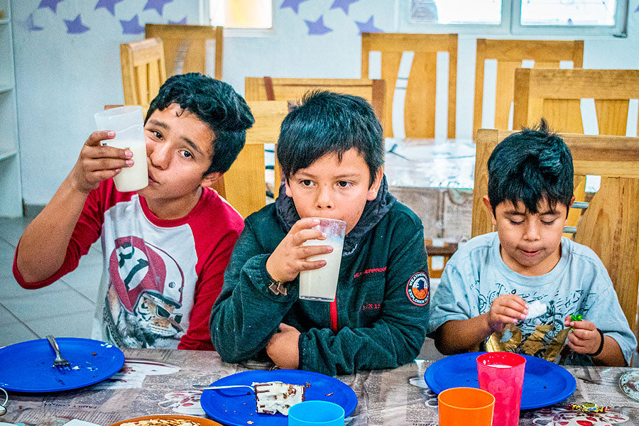 Three boys sitting at a table eating food and drinking milk.