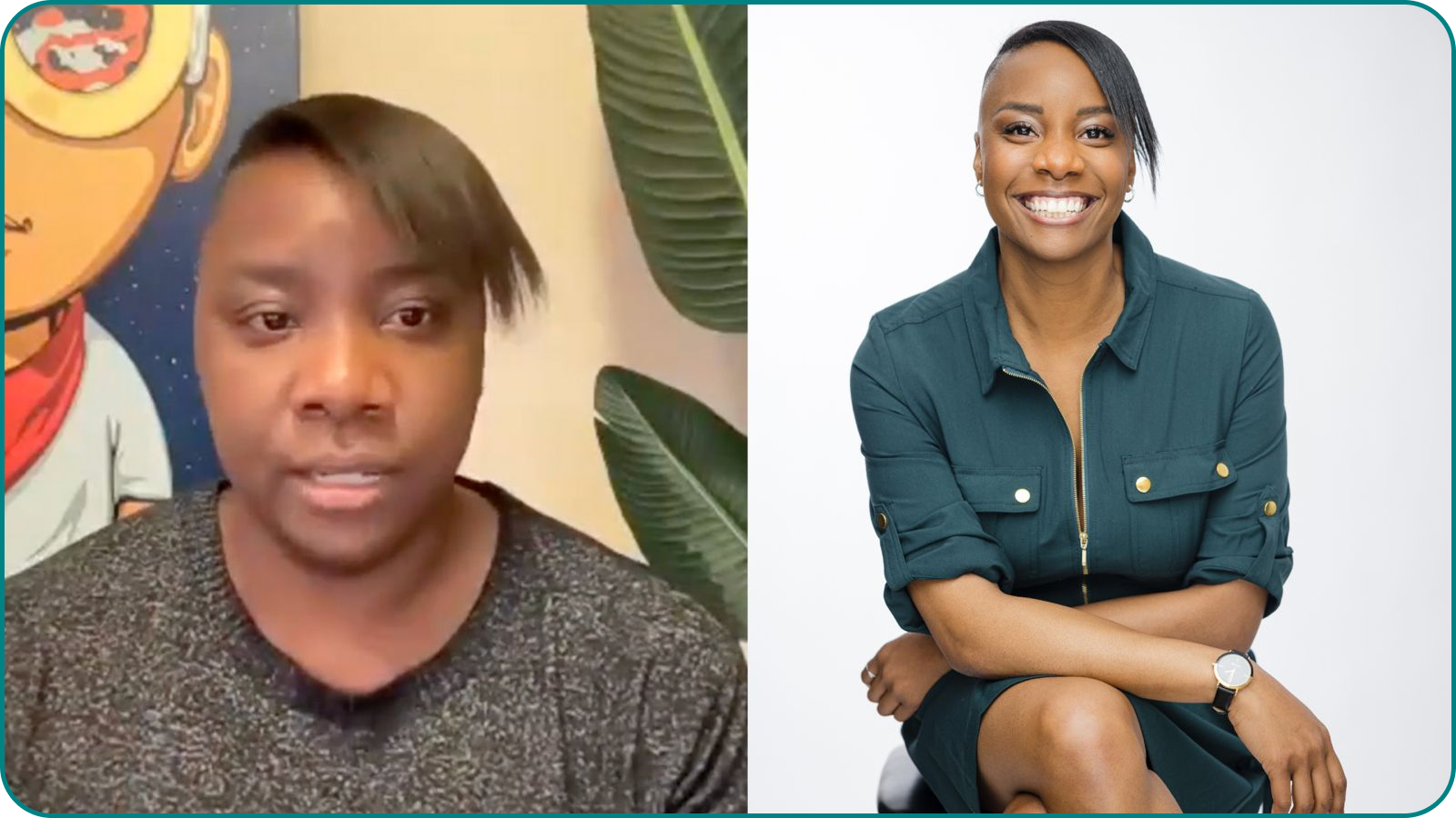 Same person, one on the left with a neutral expression and a colorful background, and another on the right wearing a teal jacket against a white background.